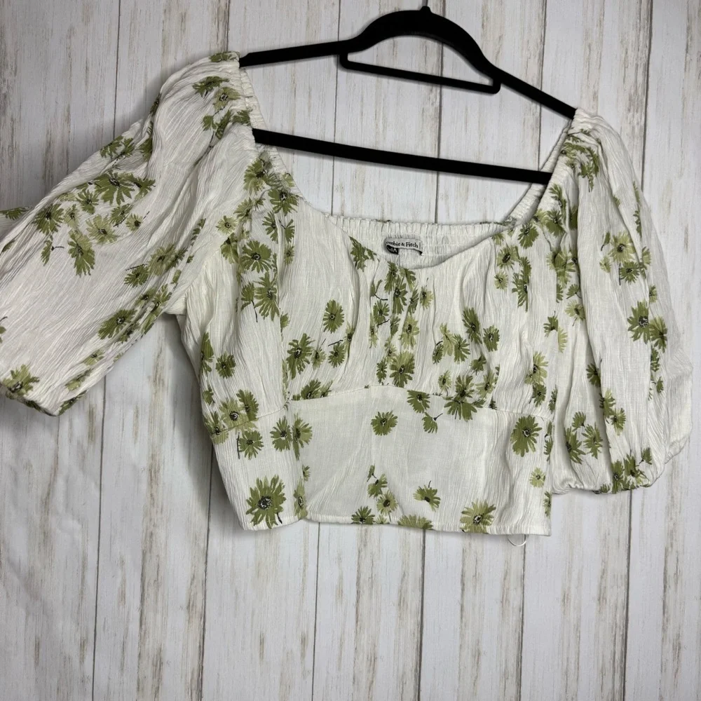 Abercrombie & Fitch Cream Floral Puff-Sleeve Crop Top XL